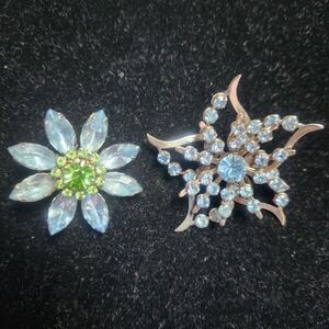 Vintage Blue Green Rhinestone Brooch Set Silver Tone Flower Starburst Pins 2pc